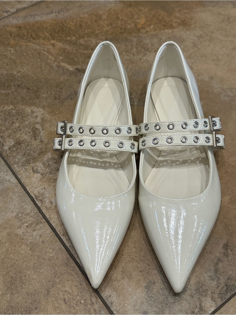 Open Edit Pointed Patent Mary Jane Flats with Double Stud Straps - White